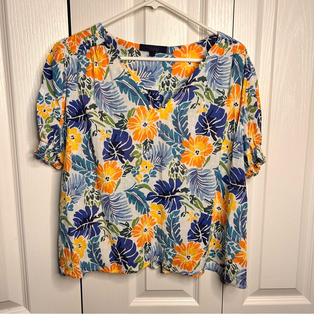 RACHEL Rachel Roy Women's Floral Short Sleeve Boxy Crop Blouse Large Rayon